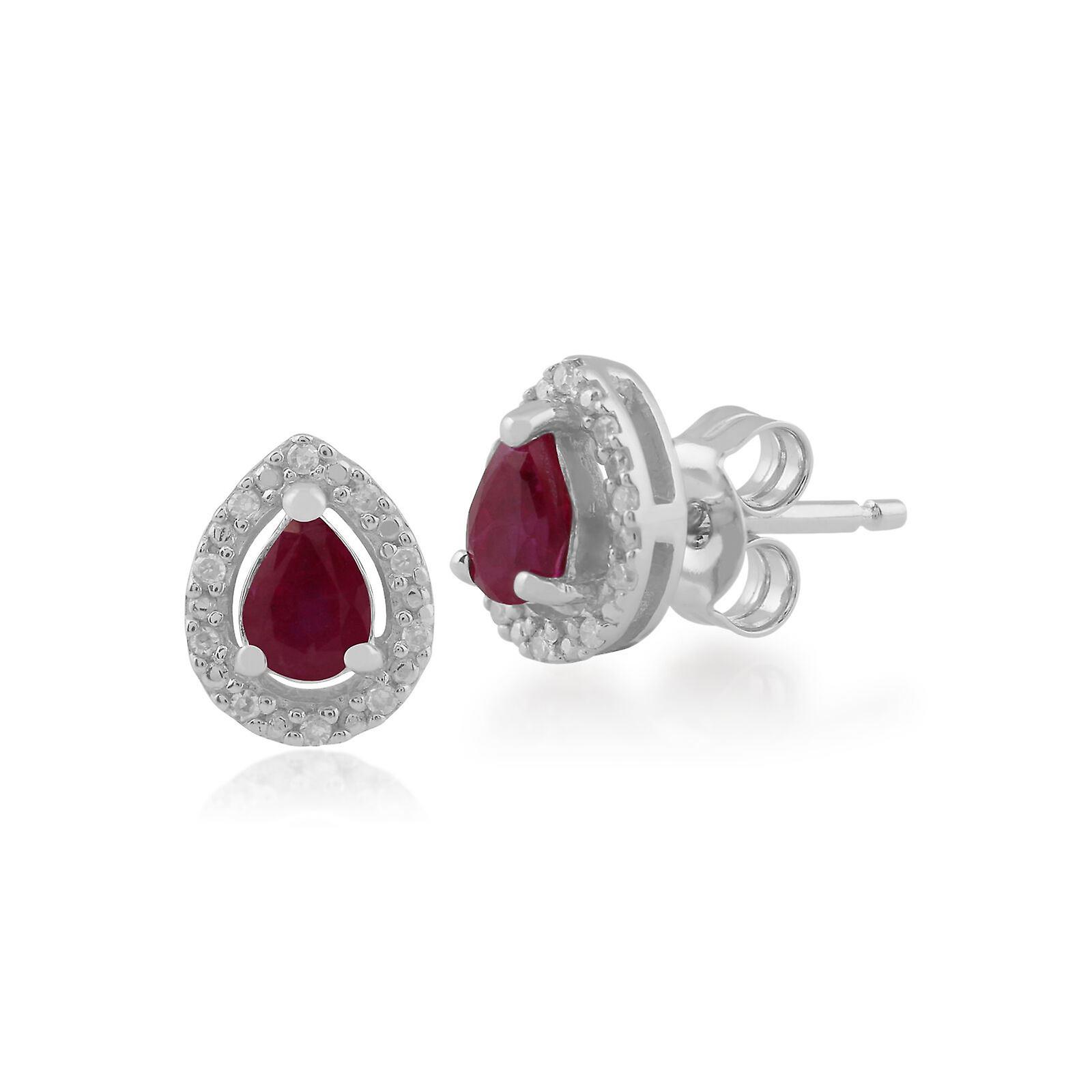 Classic Pear Ruby & Diamond Halo Stud Earrings in 9ct White Gold 162E0201029
