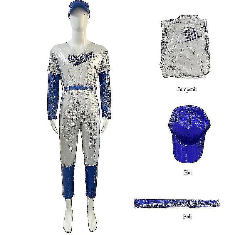 Adults Cosplay Bodysuit Rocketman Elton John Costume Baseball Uniform Jumpsuit With Cap Hat Belt Hal