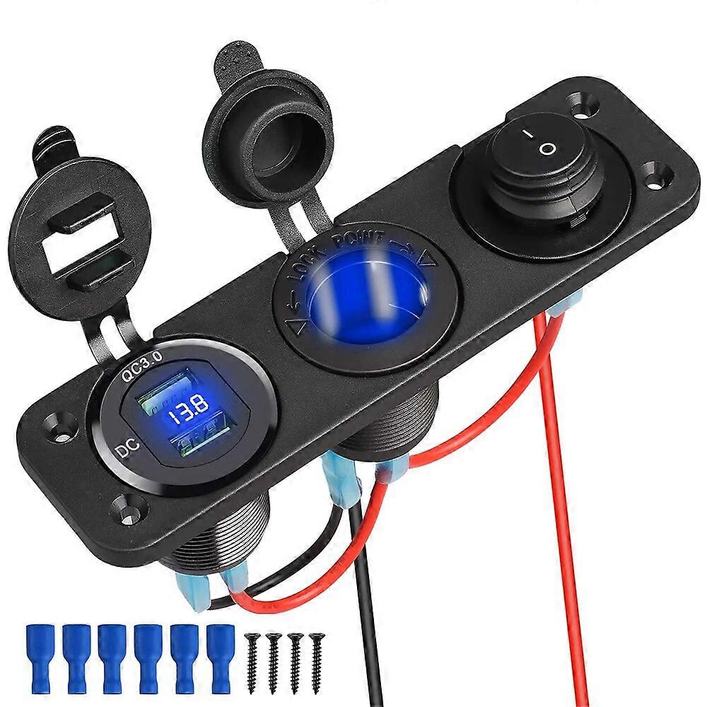 12V Cigarette Lighter Socket 3 in 1 Waterproof Car Dual QC3.0 USB Outlet Panel for RV Marine Boat Power Socket Charger Socket FN9U6169