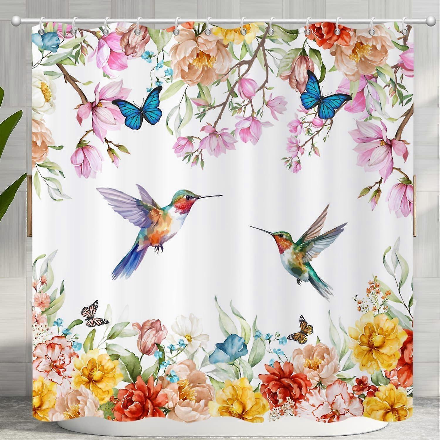 Lente Bloemen Vogel Douche Gordijn, Kleurrijke Aquarel Bloesem Bloemen Kolibrie Vlinders Badkamer Gordijn Waterdichte Stof Machine Wasbaar Wit