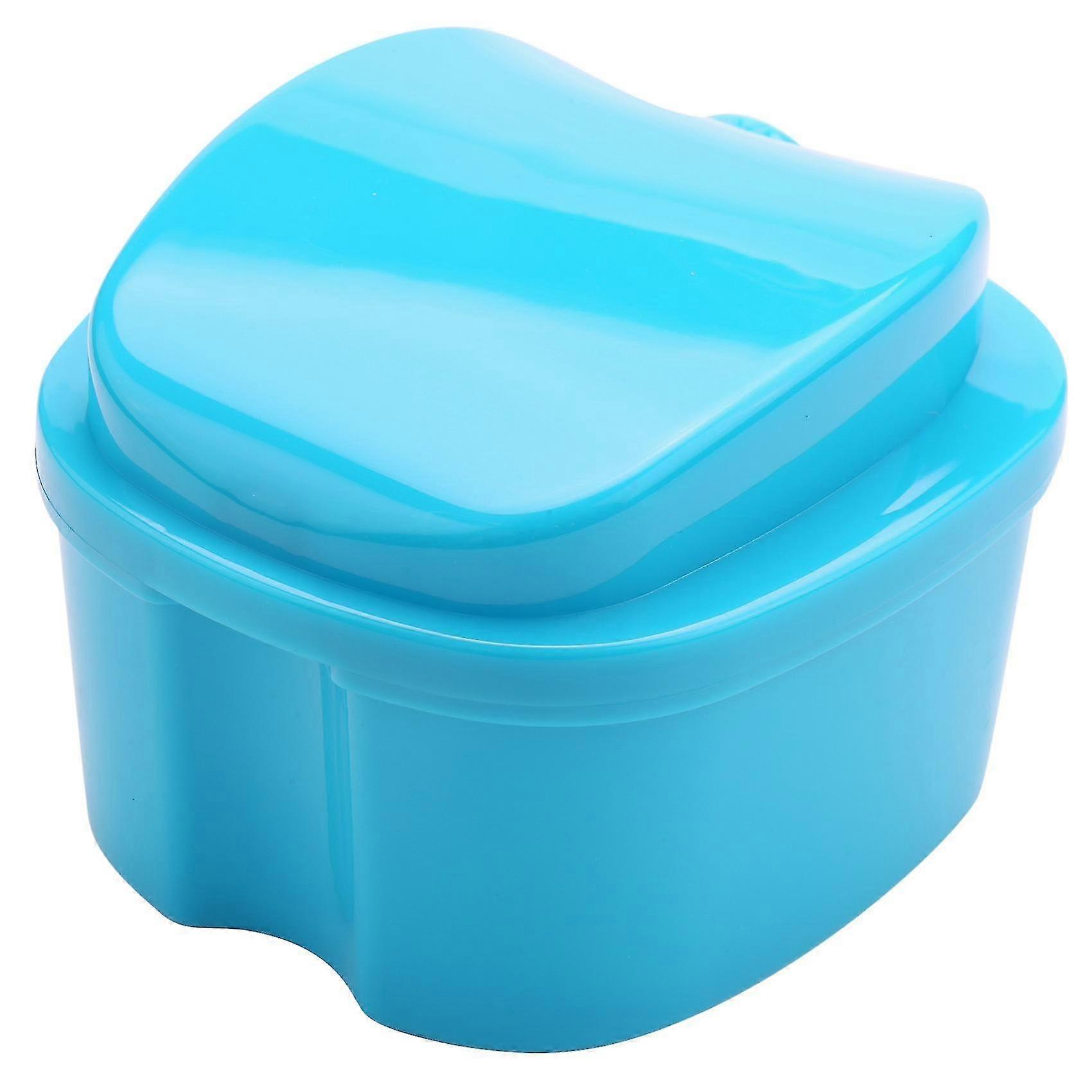Blue Denture Case, Denture Cup With Strainer, Denture Bath Box Teeth Storage Box With Basket Net Co