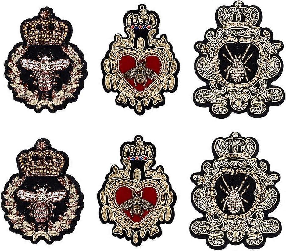 6pcs Crown Bee Badge Embroidered Applique Patch 3 Style Embroidered Badge Patch Sew On Patches DIY Decorative Patches Applique Patch for Dress Jeans J