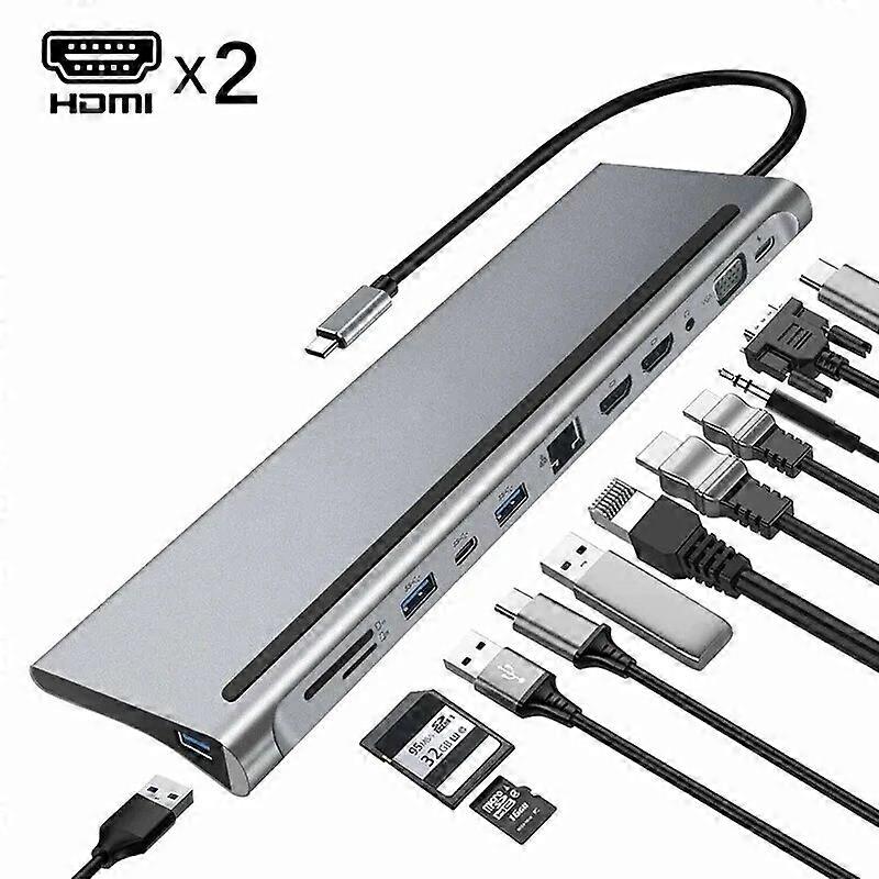 USB C Hub 12 In 1 USB 3.1 Type C to Dual HDMI compatible Docking Station 4K HDMI Rj45 VGA Audio Multi USB Splitter for MacBook