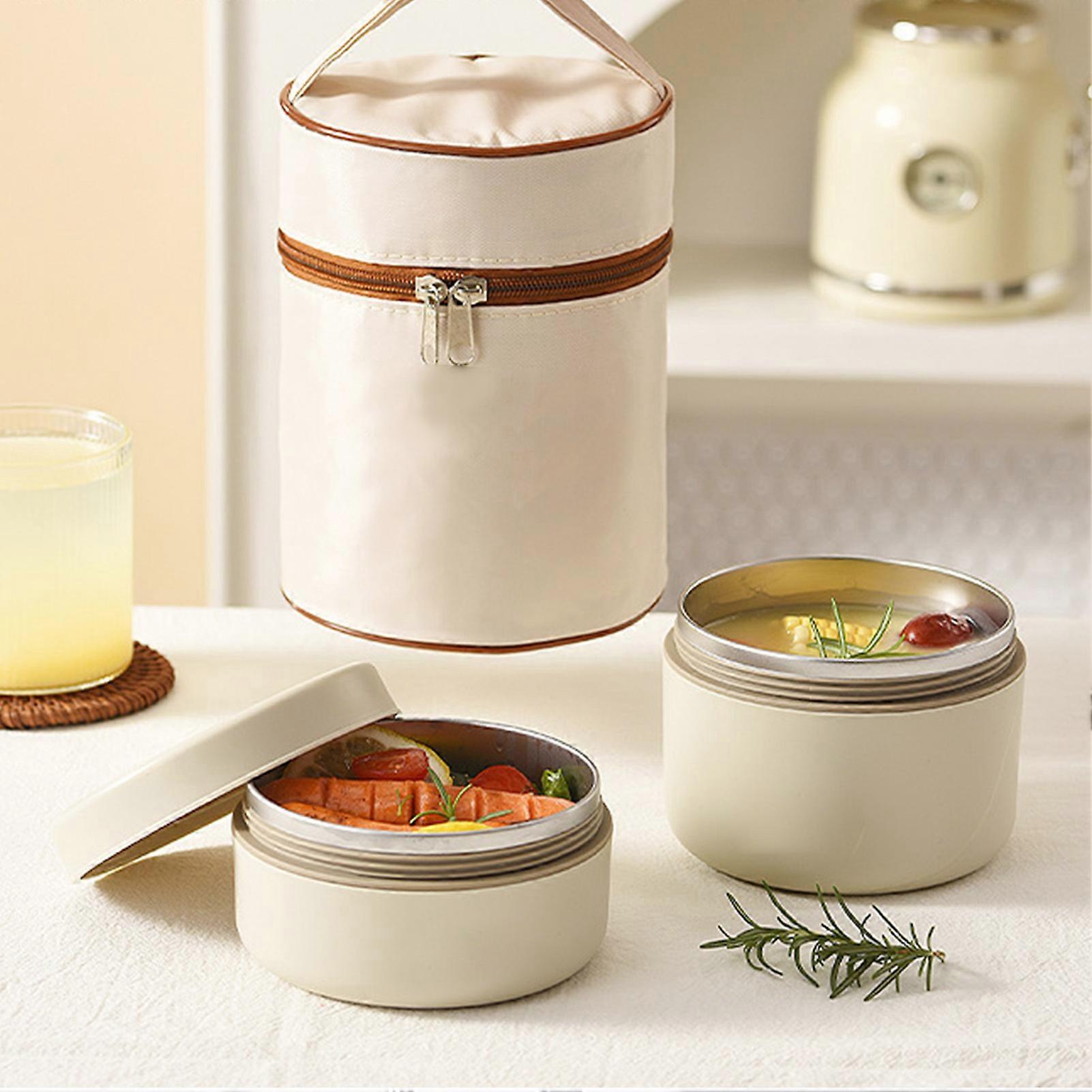 2pcs Beige Thermal Bento Lunch Box Set with Insulated Bag