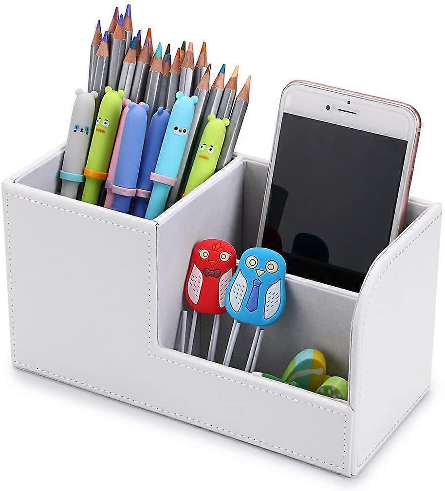 Desk Pen Pencil Holder Leather Multi-Function Desk Stationery Organizer Storage Box