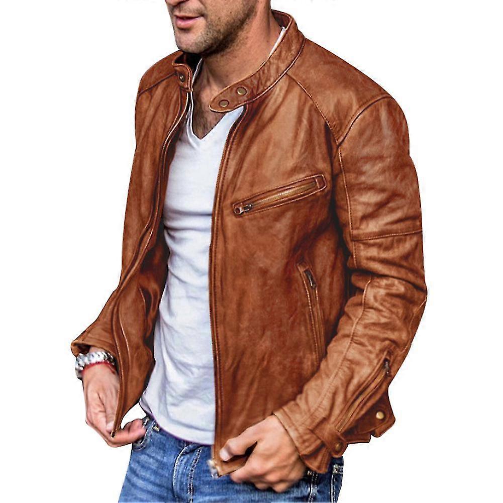 Men'S Solid Color Stand Collar Faux Leather Jacket