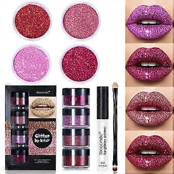 Kawaii kys Glitter Lip Kit, 4 farver Glitter Lip Kit Gloss, Shiny Diamond og metallisk lipglitter Makeup Læbestift Lip Gloss Glitter læbestift