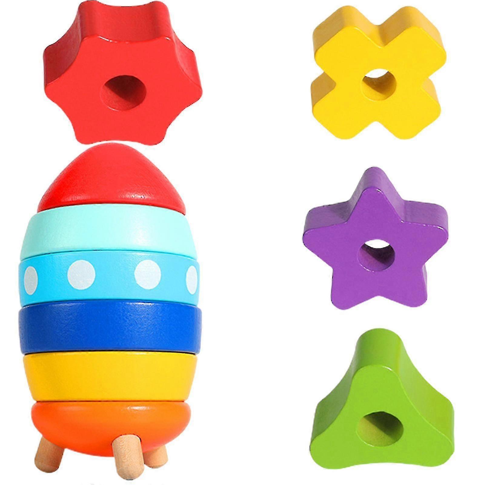 Rocket Shaped Stacking Wooden Toy Promote The Fine Motor Skills For Children