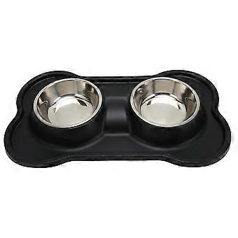 Stainless Steel Double Dog Bowl Set with Raised Edge Design and Slip Resistant Silicone Mat