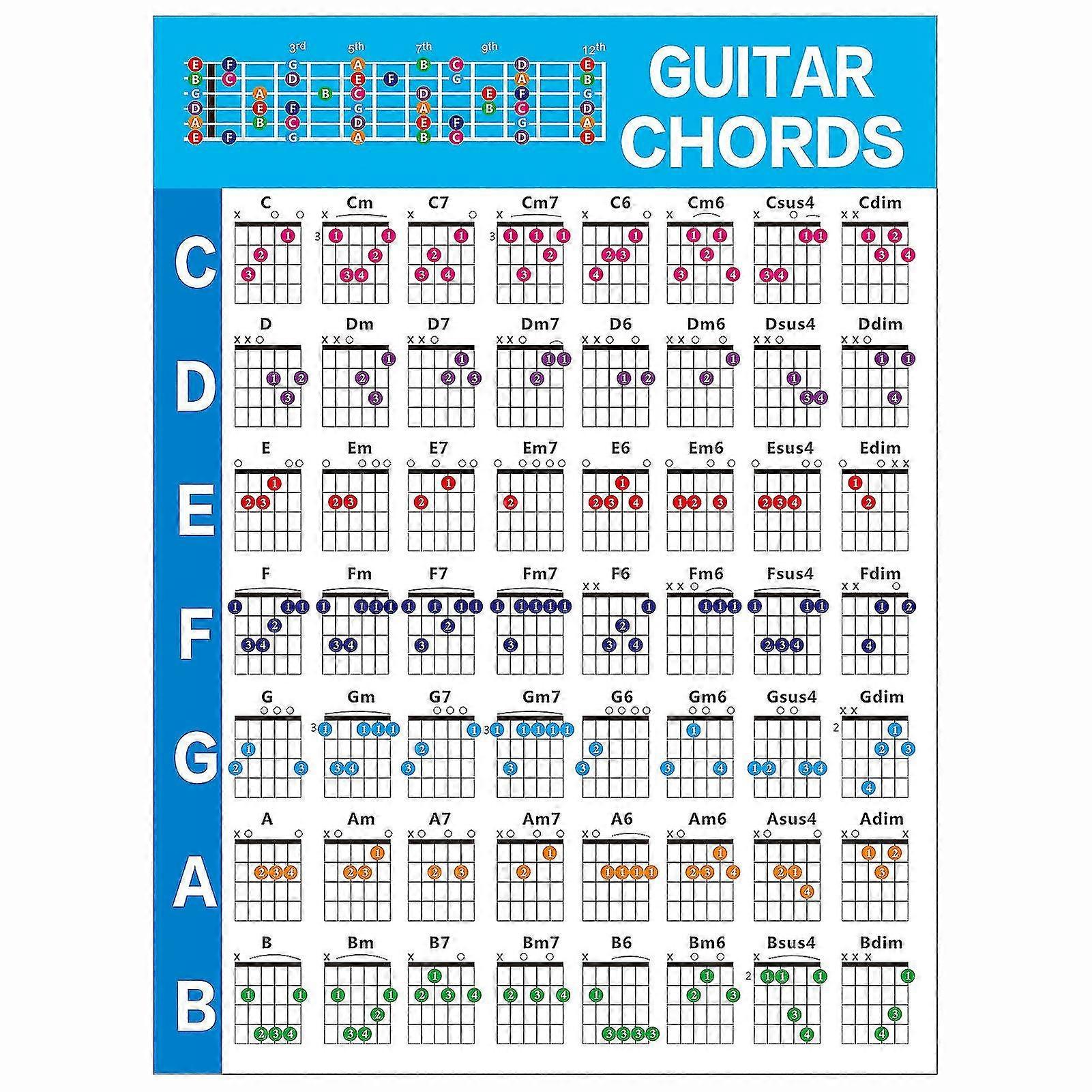 Music Theory Color Coded Fretboard Note Guitar Chart Home Universal