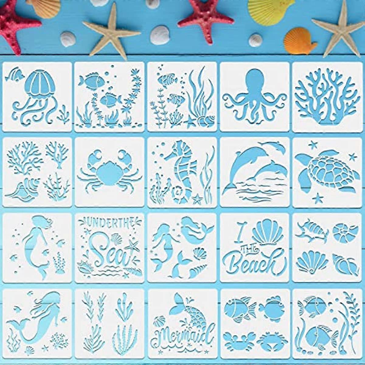 20 Pieces Mermaid Sea Ocean Creatures Stencils Sea Painting Templates Reusable Sea Animal Painting Stencils for DIY Crafts Scrabooking Painting on Woo