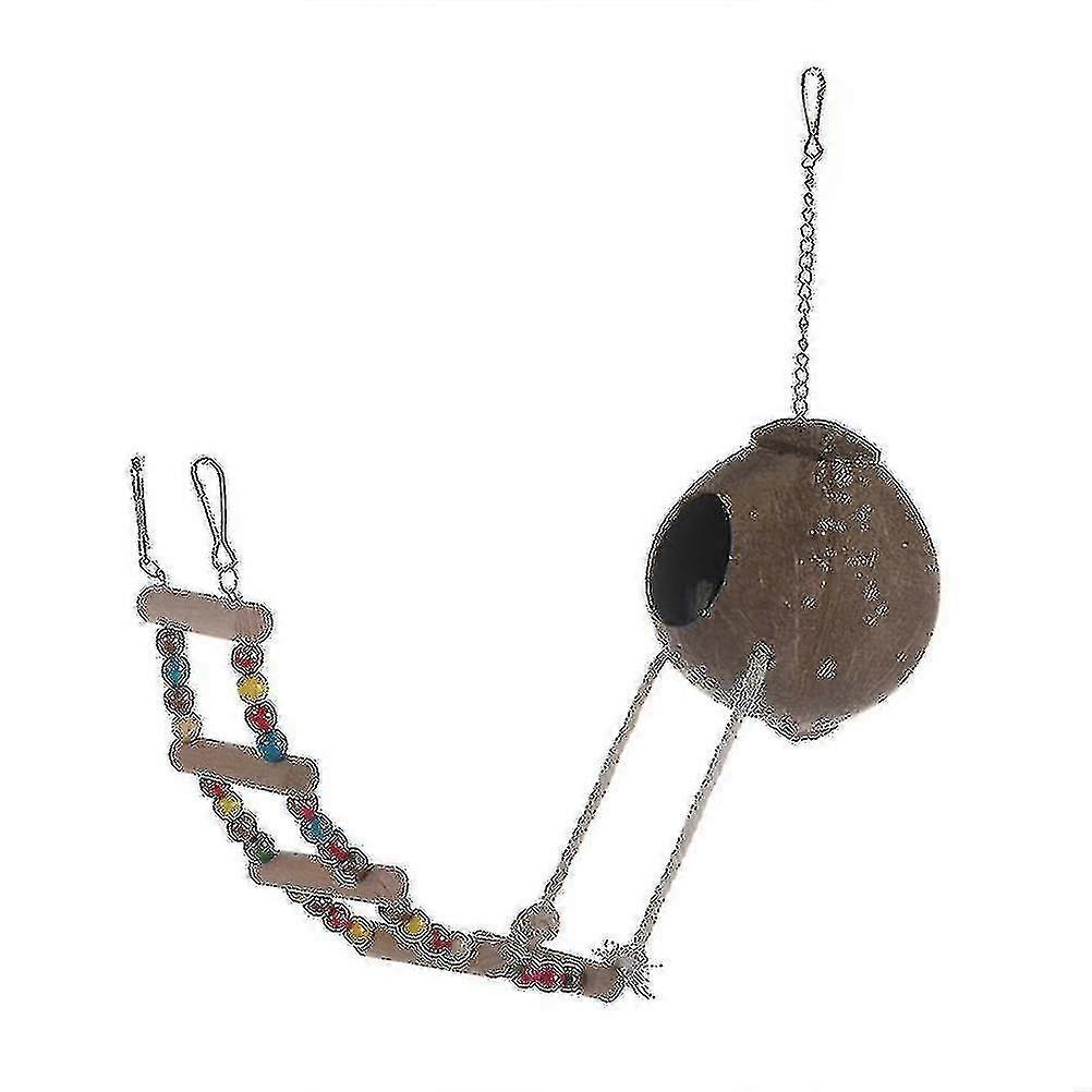 Birds Coconut Shell Breeding Nest Parrots Hamster Climb Ladder Swing Hanging Toy