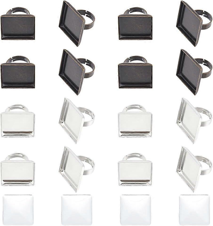 16 Sets 2 Colors DIY Blank Square Adjustable Ring Making Kit Brass Ring Shanks Pad Ring Blank Blank Finger Ring Base with Square Glass Cabochons for D