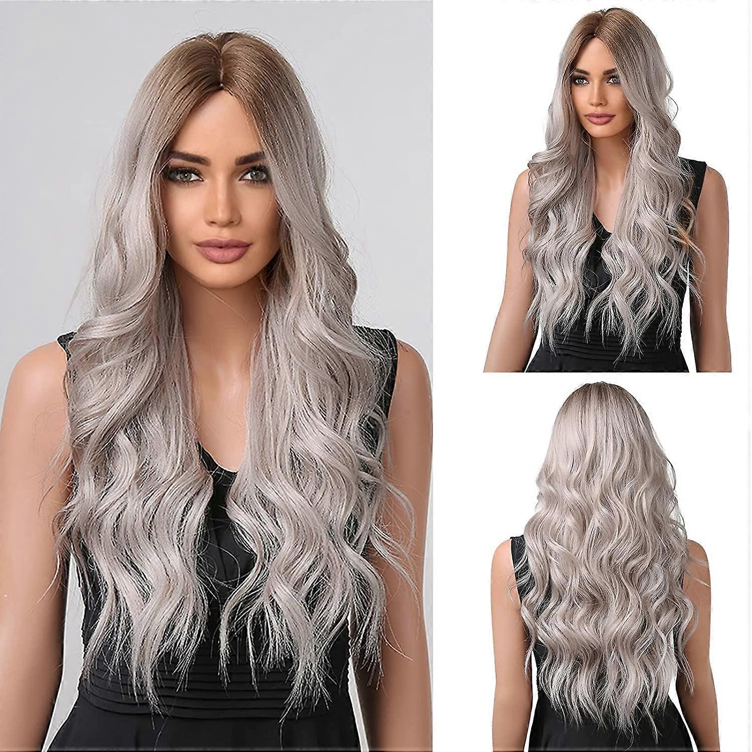 Dww-Une longue perruque ondule ombre marron gris cendr pour femme cheveux synthtiques naturels rsistant la chaleur perruques pour fte quotidienne co