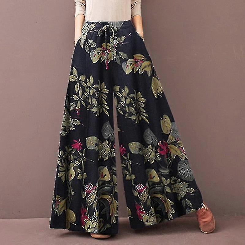 Women Boho High Waist Long Pants Elastic Waisted With Pockets Bottoms Holiday Baggy Floral Print Trousers