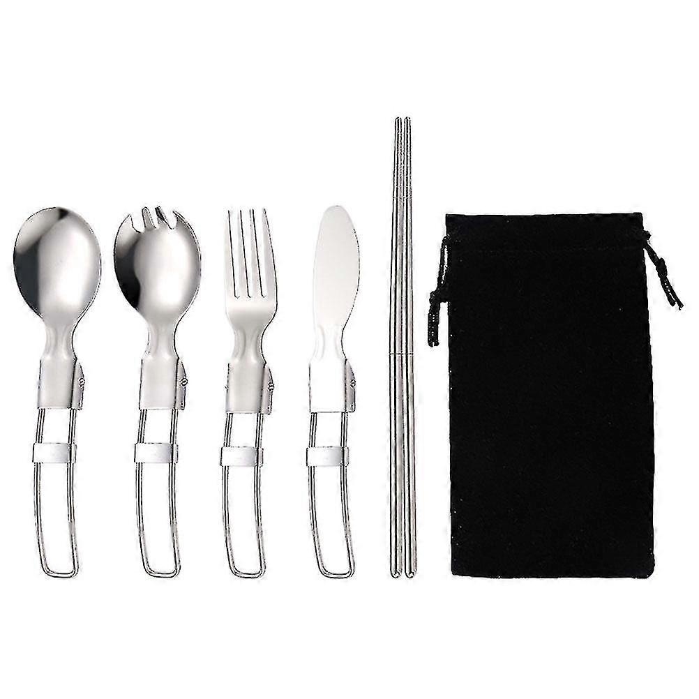 1 Set Portable Camping And Picnic Tableware Stainless Steel Fork Spoon