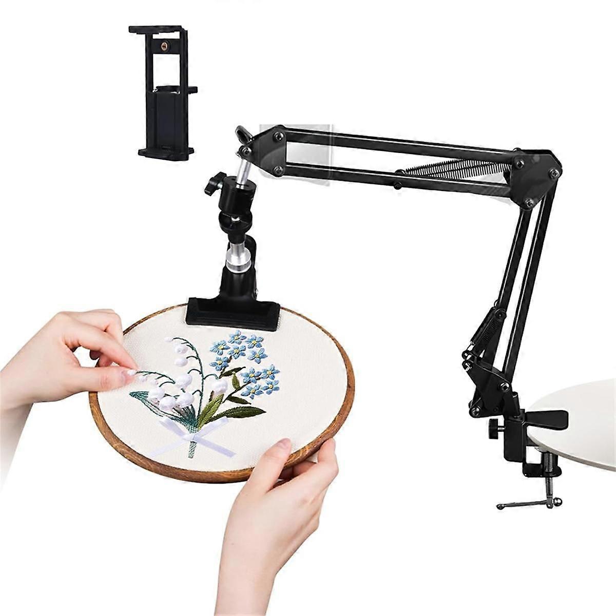 Adjustable Embroidery Hoop Holder for Handwork, 360 Rotatable, 3-In-1 Hoop/Tablet/Phone Holder Des