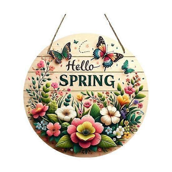 Spring Wooden Door Sign Round Floral Porch Print with Lanyard Colorful Front Door Decor
