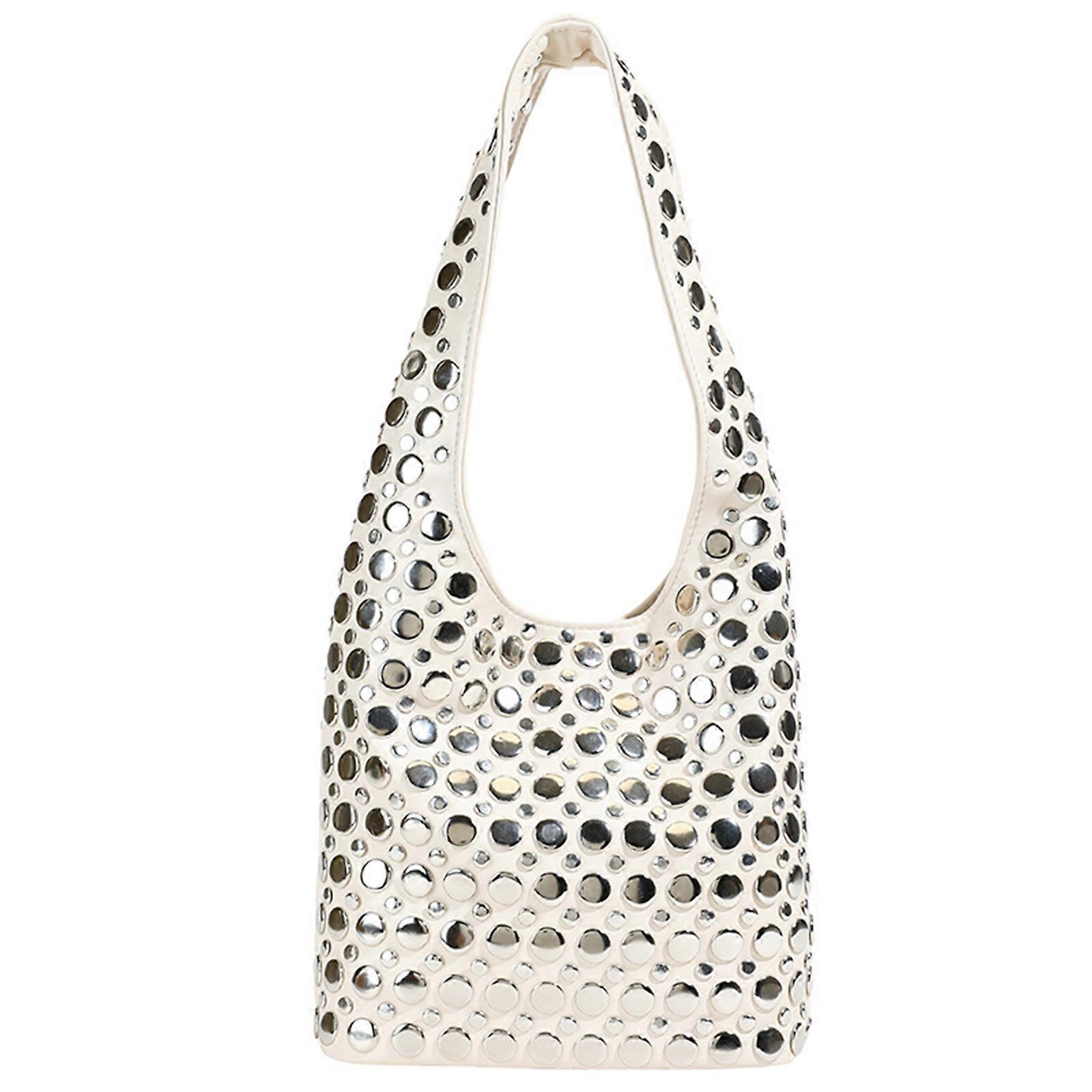 Sac à bandoulière seau à la mode et créatif avec détails de clous Sacs d’aisselles Sac à main en cuir PU pour diverses occasions Blanc