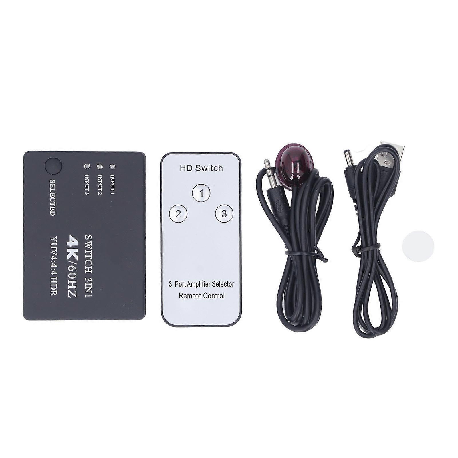 4K 60Hz HDMI Switcher 3 In 1 Out with Remote Control for TV Boxes and DVD Players
