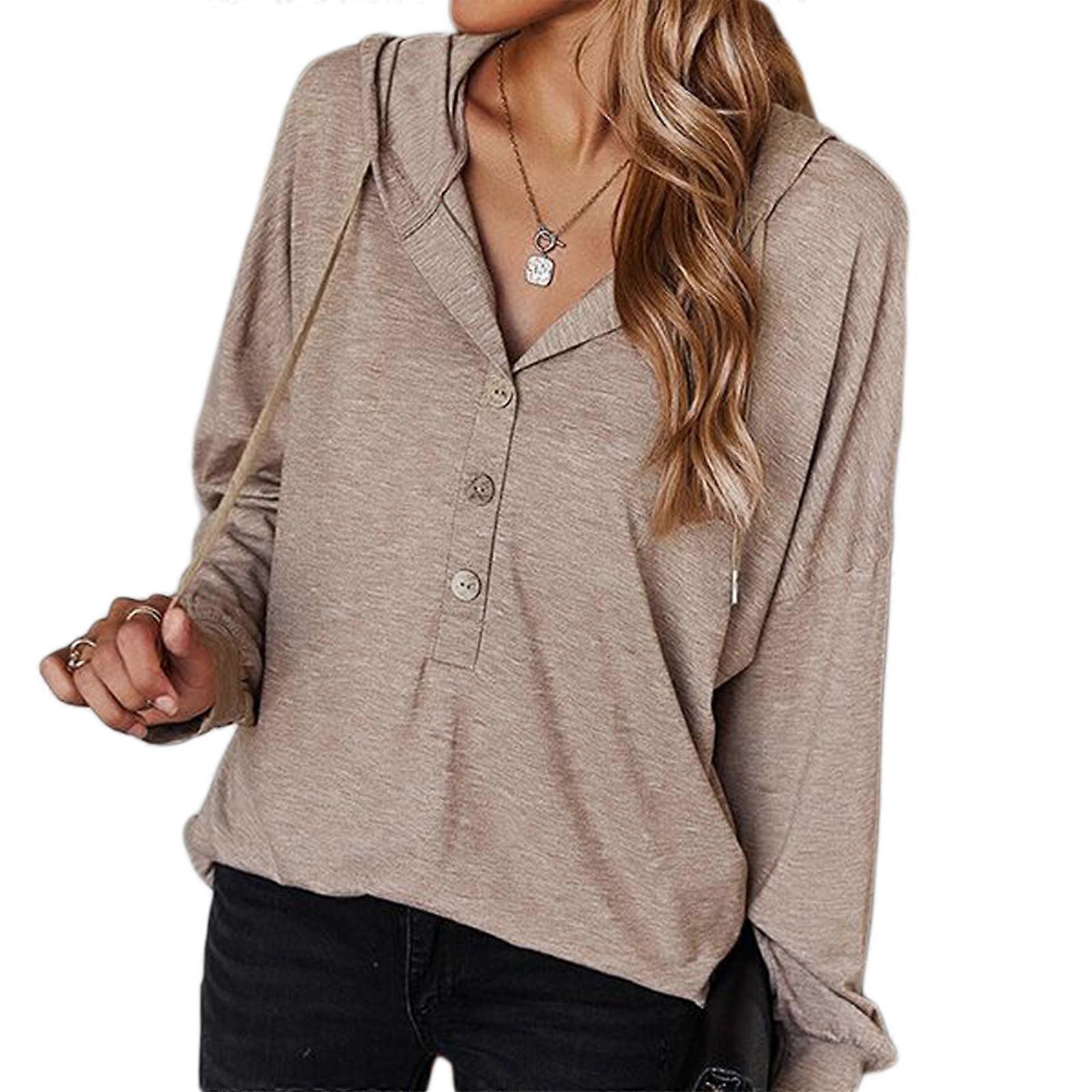 Women's Casual V Neck Long Sleeve Tops with Breathable Fabric Long Sleeve Blouses with Drawstring Button Down Hoodies  Khaki XL