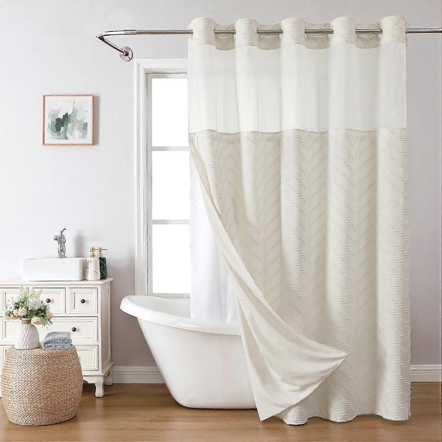 Hookless TUFTED Chevron striped shower curtain, snap fabric lining set-71wx74h (72h), cream