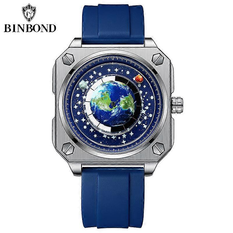 BINBOND Earth Watch For Men Rotating Earth Dial New Concept Creative Blue Planet Non Mechanical Pointer Silicone Tape Men Watch