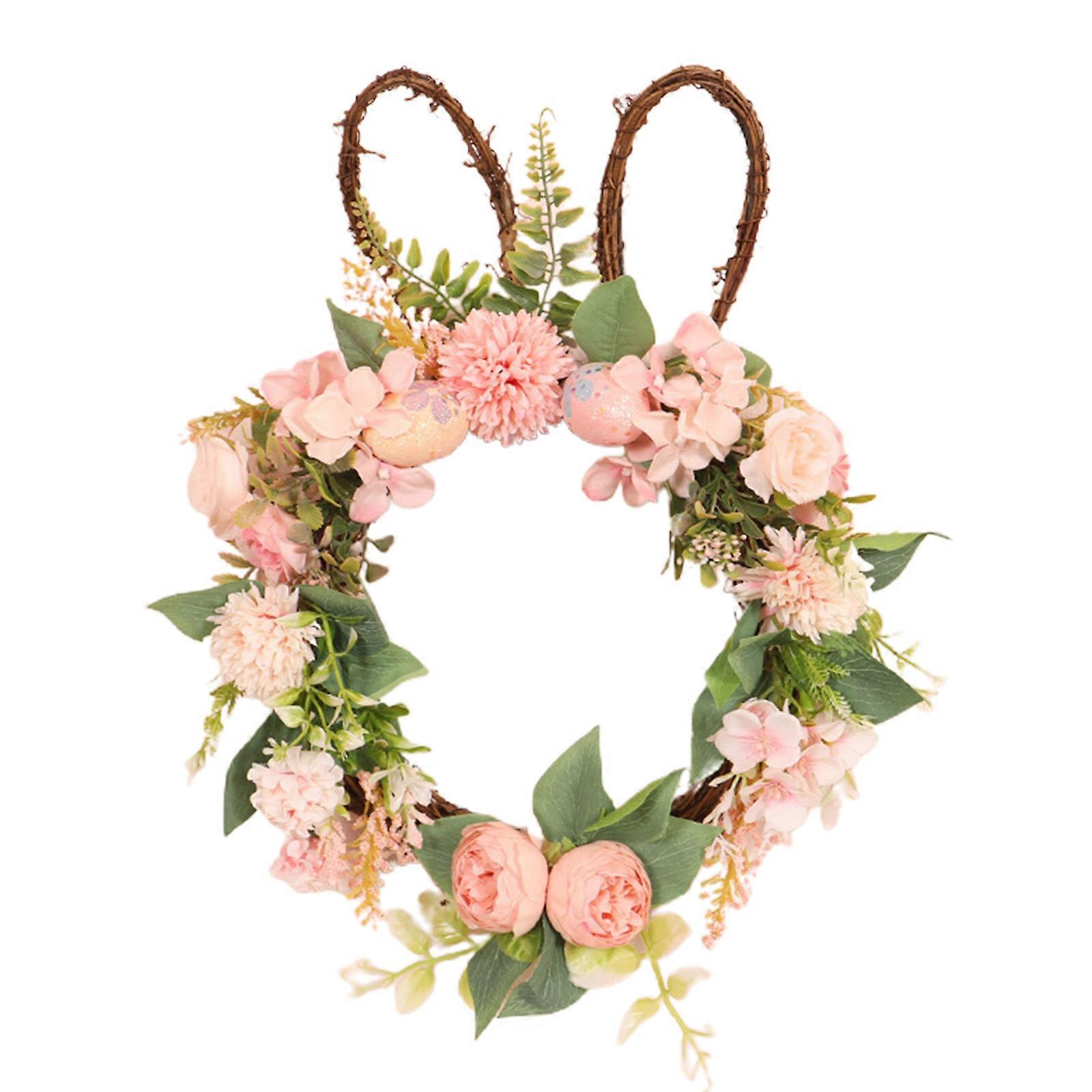 Spring Wreath Cute Easter Bunny Wreath LED Eggs Flower Garland for Front Door Without Light