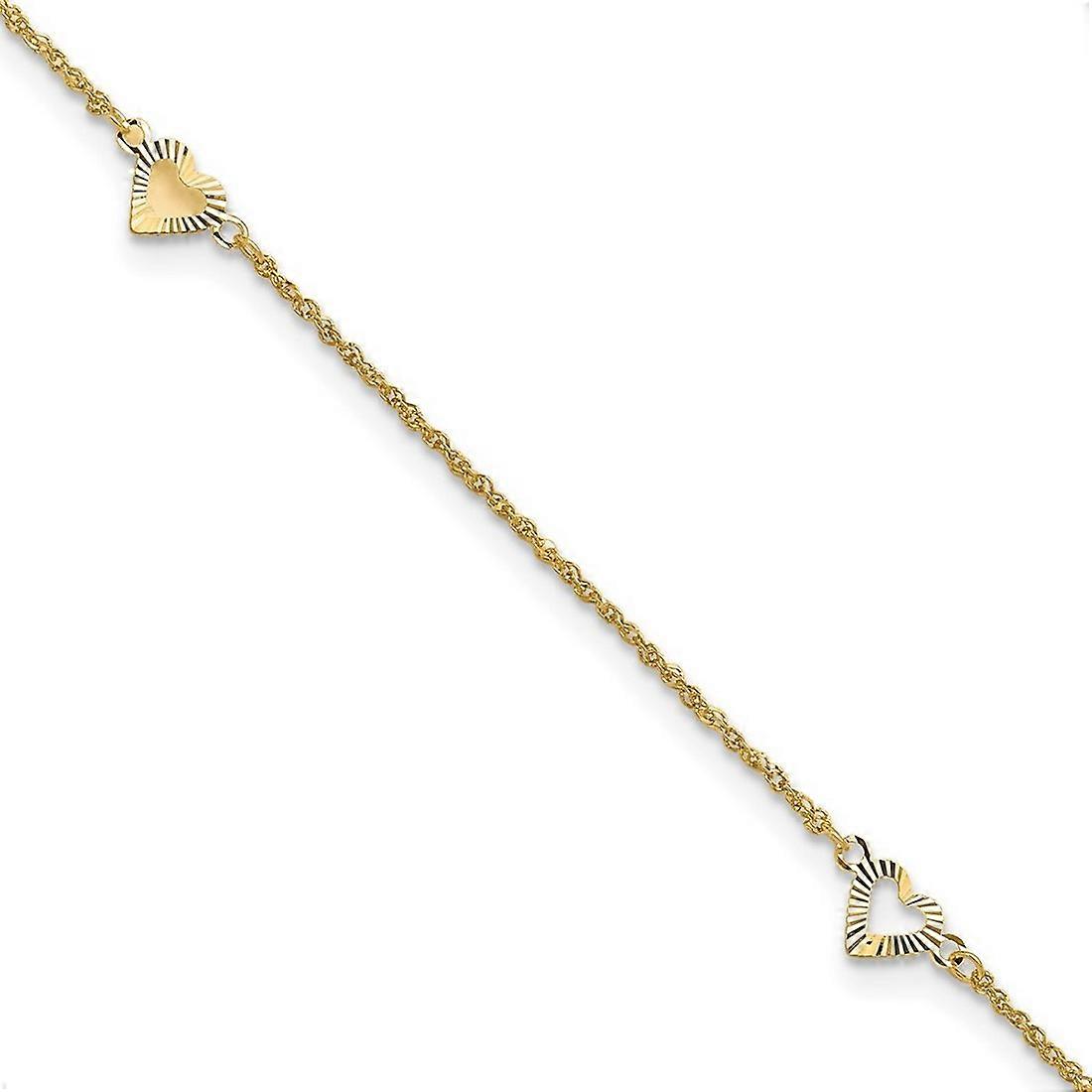 14k Yellow Gold Polished Spring-Ring Sparkle Cut Love Hearts With 9inch 1in Ext Anklet-Anklet for Women - Length: 10 to