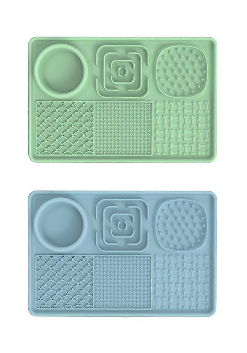 Lick Mat for Dog and Cat Slow Feeder with Water Bowl, Advanced Slow Food Bowl with Suction Cups, Green and Blue 2 Pack