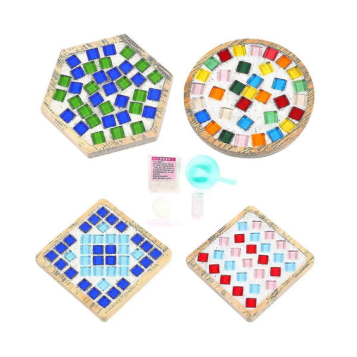 4 Sets Diy Glass Mosaic Coaster Tiles For Crafts Mixed Color Mosaic Kits With Wooden Coaster For Ad