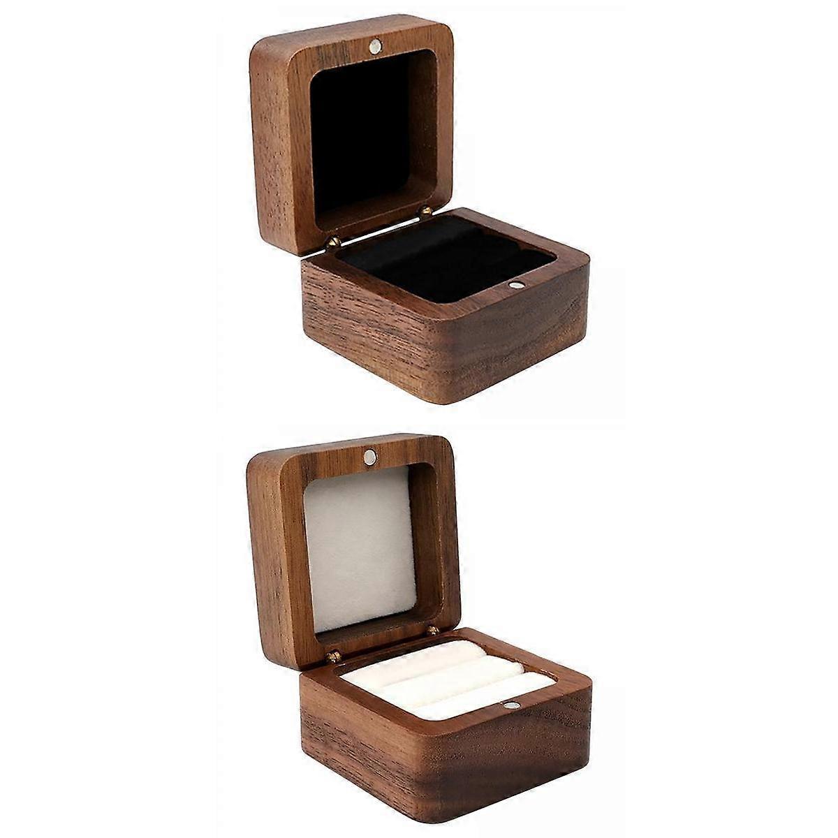 2 Pcs Solid Wood Ring Box Case for Wedding Earring Engagement Rings