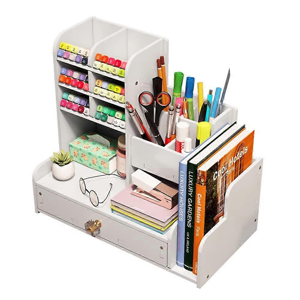 Upgraded Desktop Stationery Organizer with Drawer, White DIY Pencil Holder, Art Supply Caddy for Home Office School