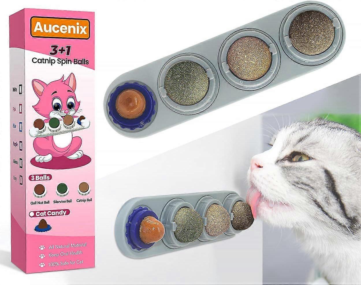 Catnip Balls, 3-in-1 Catnip Toy Balls for Cats to Lick, Natural Rotatable Edible Ball Roller (Gray)