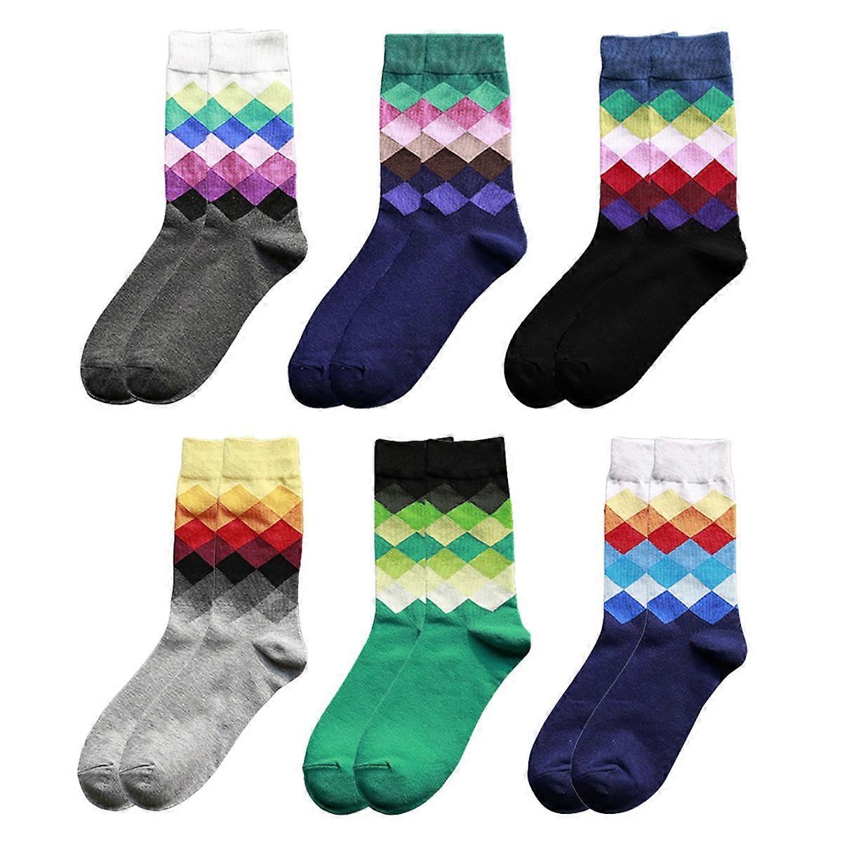Mens Fashion Socks Colorful Cotton Socks Moisture Absorption Warmth Rhombus-Grid Long for Men Daily Use 6 Pairs
