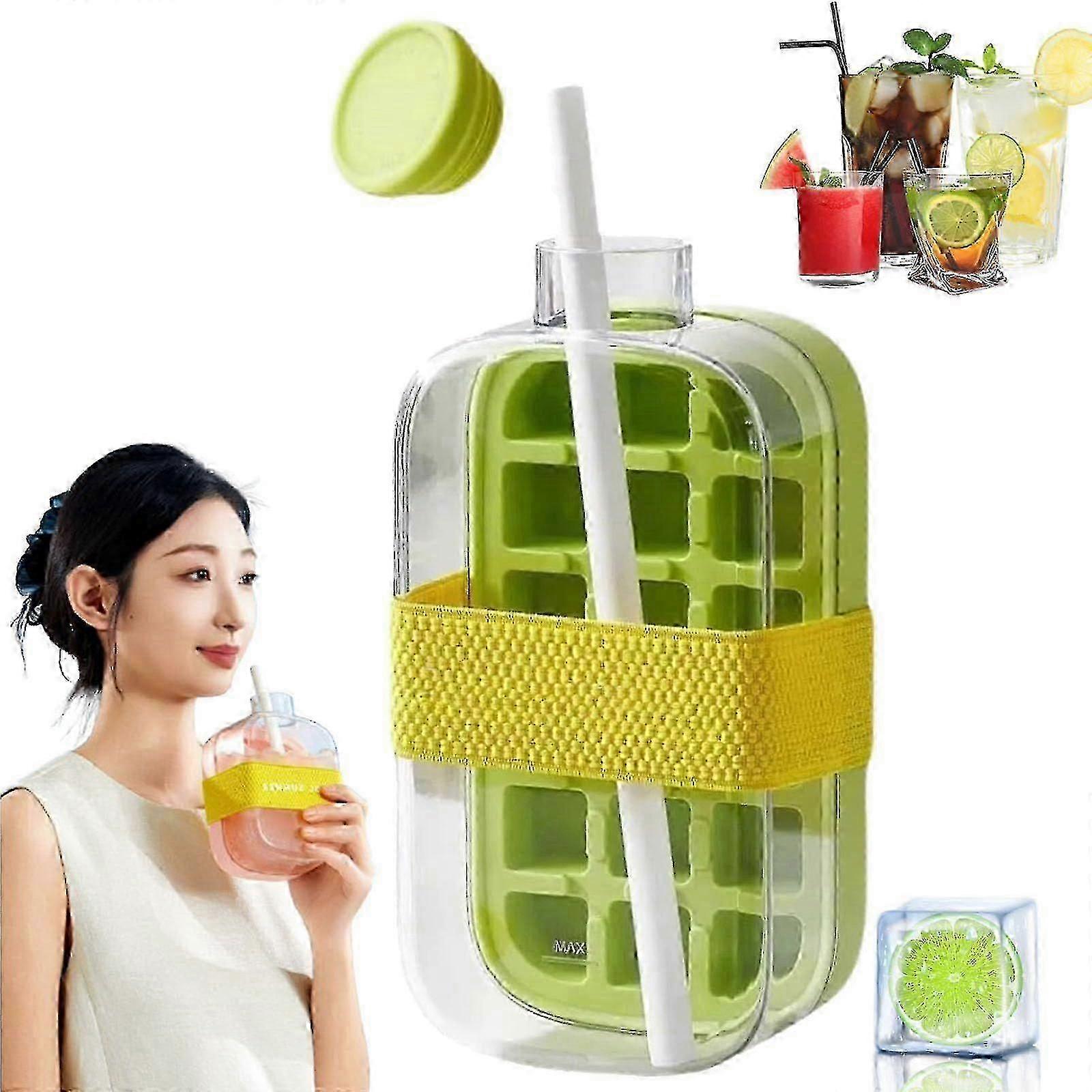 Bottiglia d'acqua 2 in 1 per vaschetta per cubetti di ghiaccio con cannuccia, bottiglia per congelatore a sgancio facile per succo di caffè