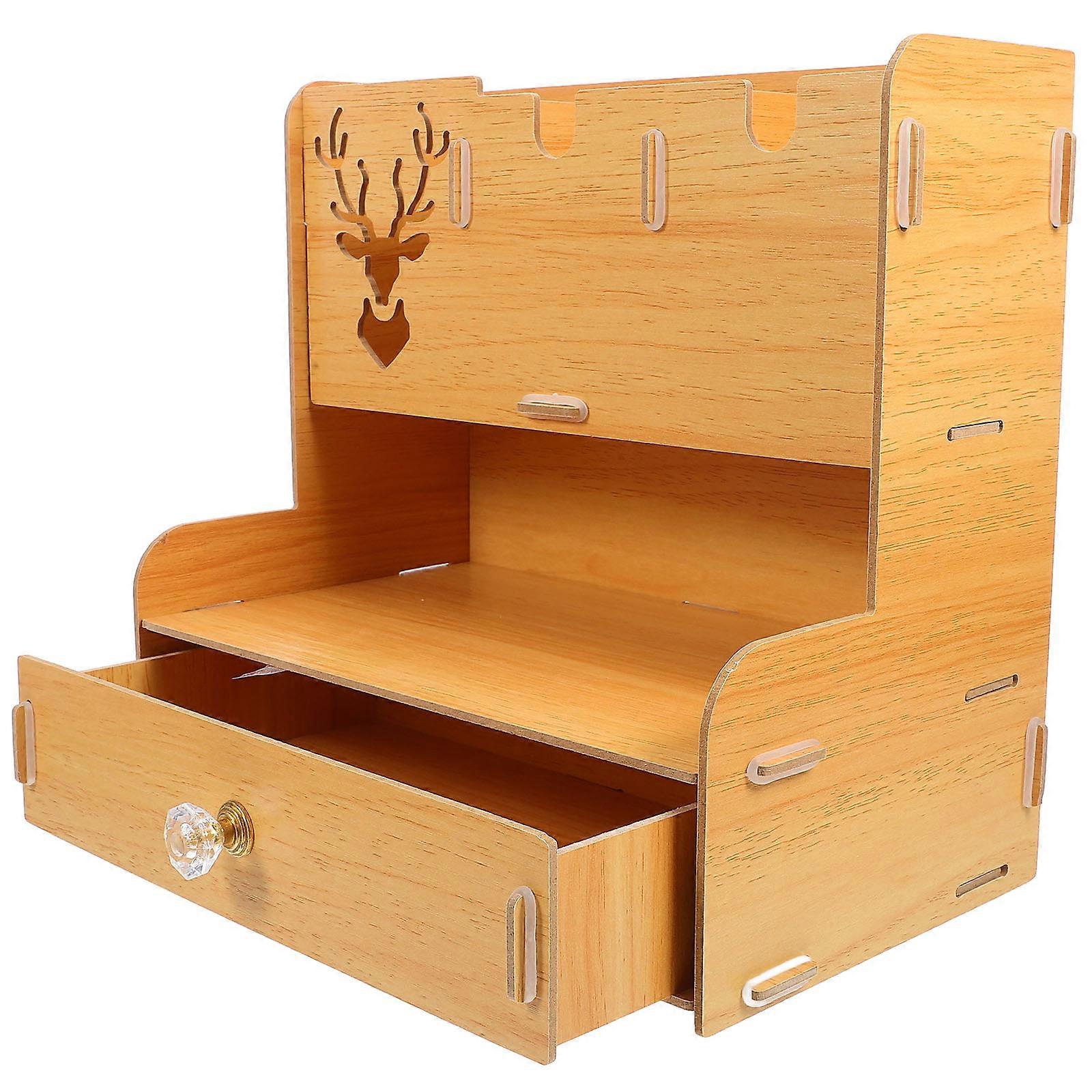 Wooden Desktop Storage Organizer, Multi Functional Stationery Holder with Compartmentalized Design, Cherry Finish for Office, Study, and Bedroom Use