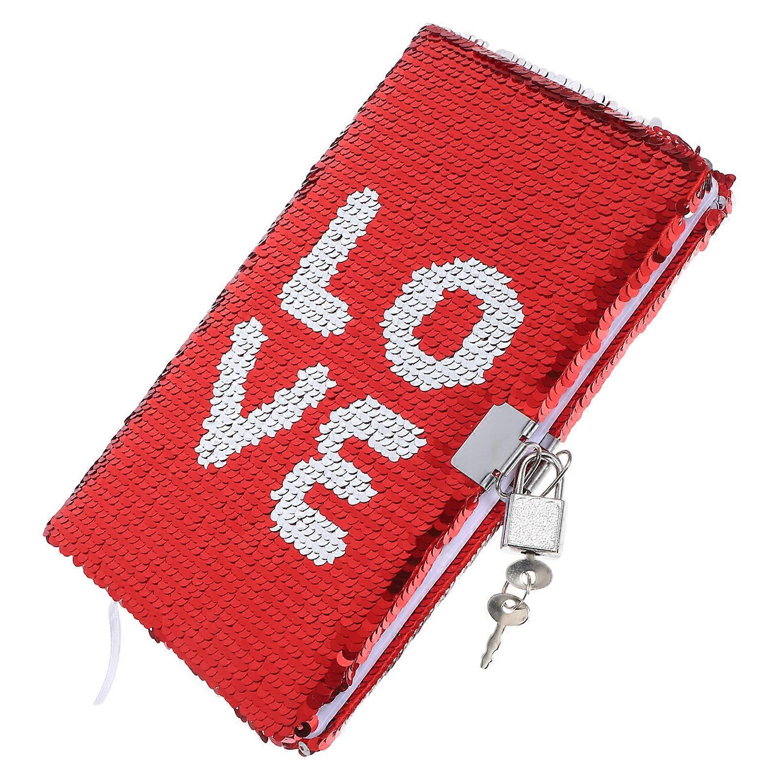 Lock Designed Travel Notepad Sequin Notebook For Writing Note-taking Office Use Red 21.30X14.60X1.60CM 1Pcs