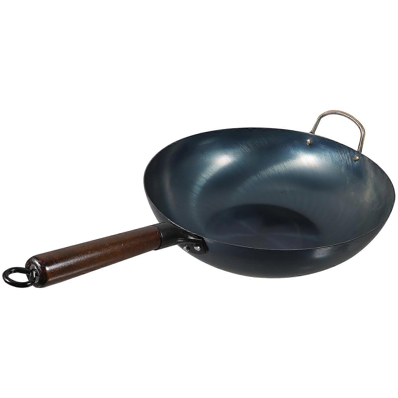 Black Iron Wok Pan with Wood Handle for Home Kitchen Use Nonstick 11.8 Inches