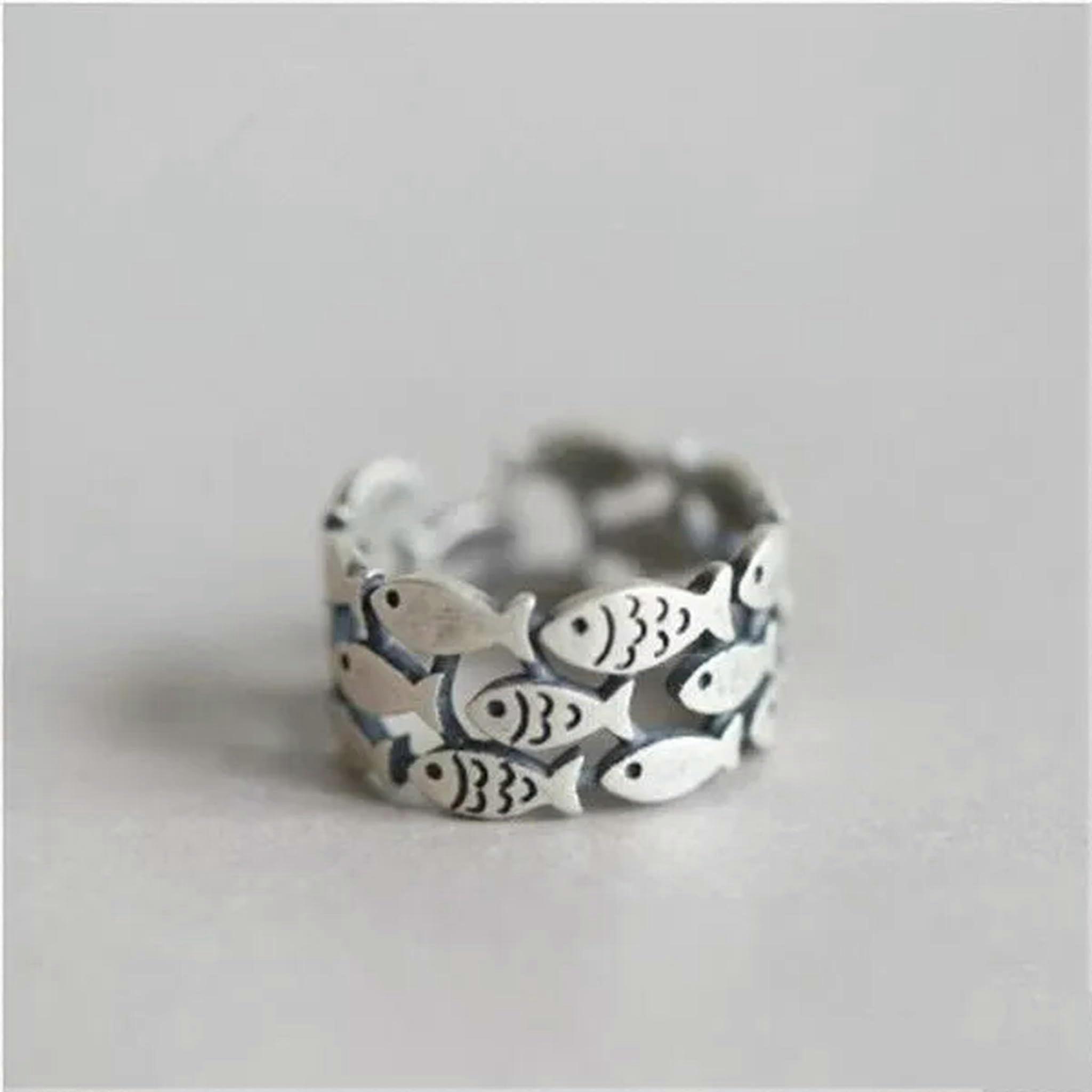 Ladies Adjustable Fish Chain Ring 925 Silver Open Ring