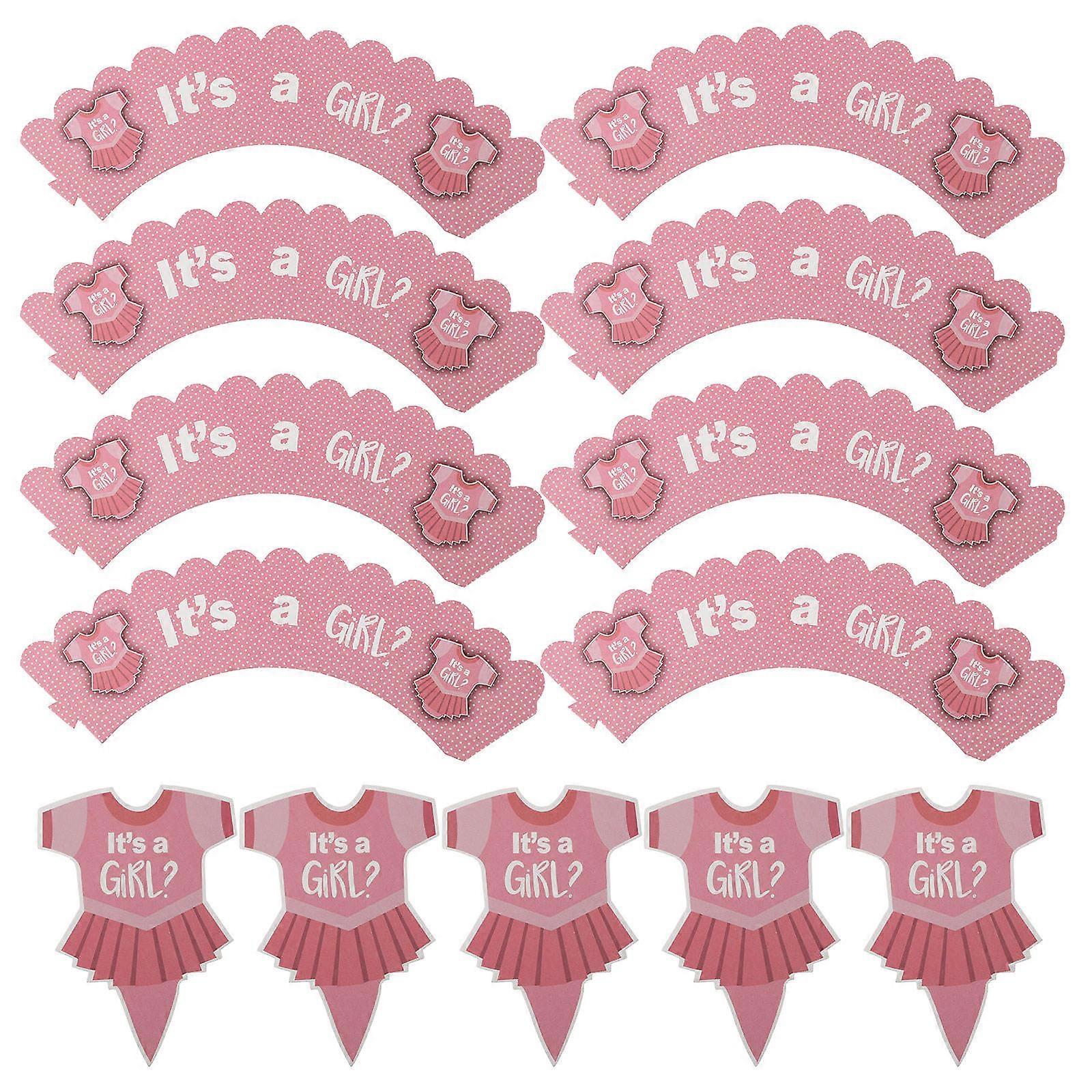 Pink Paper Cake Toppers for Gender Reveal Party Decor 24 Piece Set Props