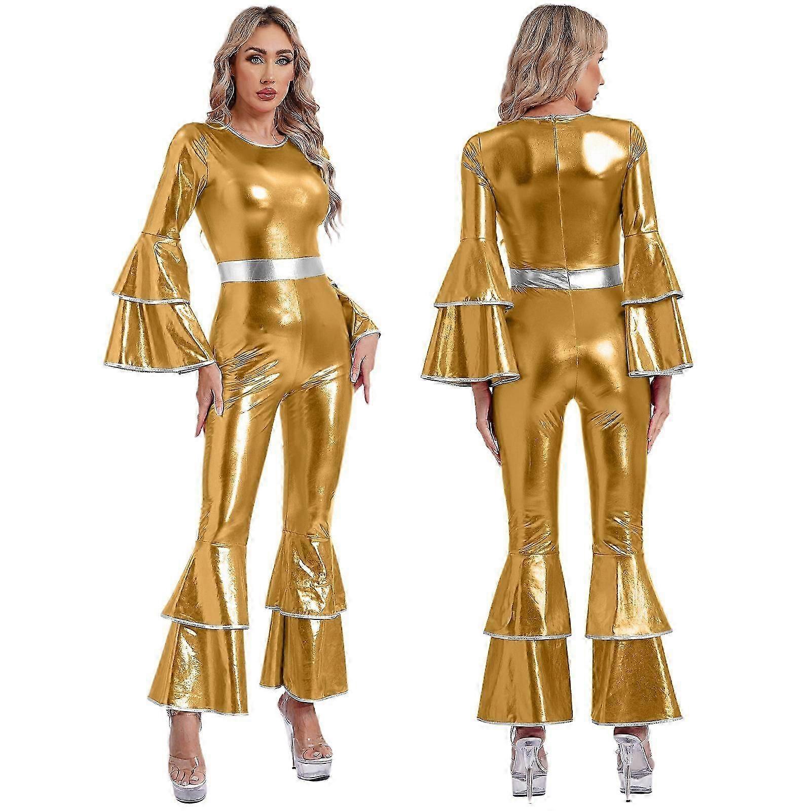 جمبسوت نسائي كلاسيكي من السبعينيات بتصميم ديسكو لامع وجزء سفلي جرسي وزي تشجيع هيبي وحفلات الهالوين وأزياء تنكرية ZZ15