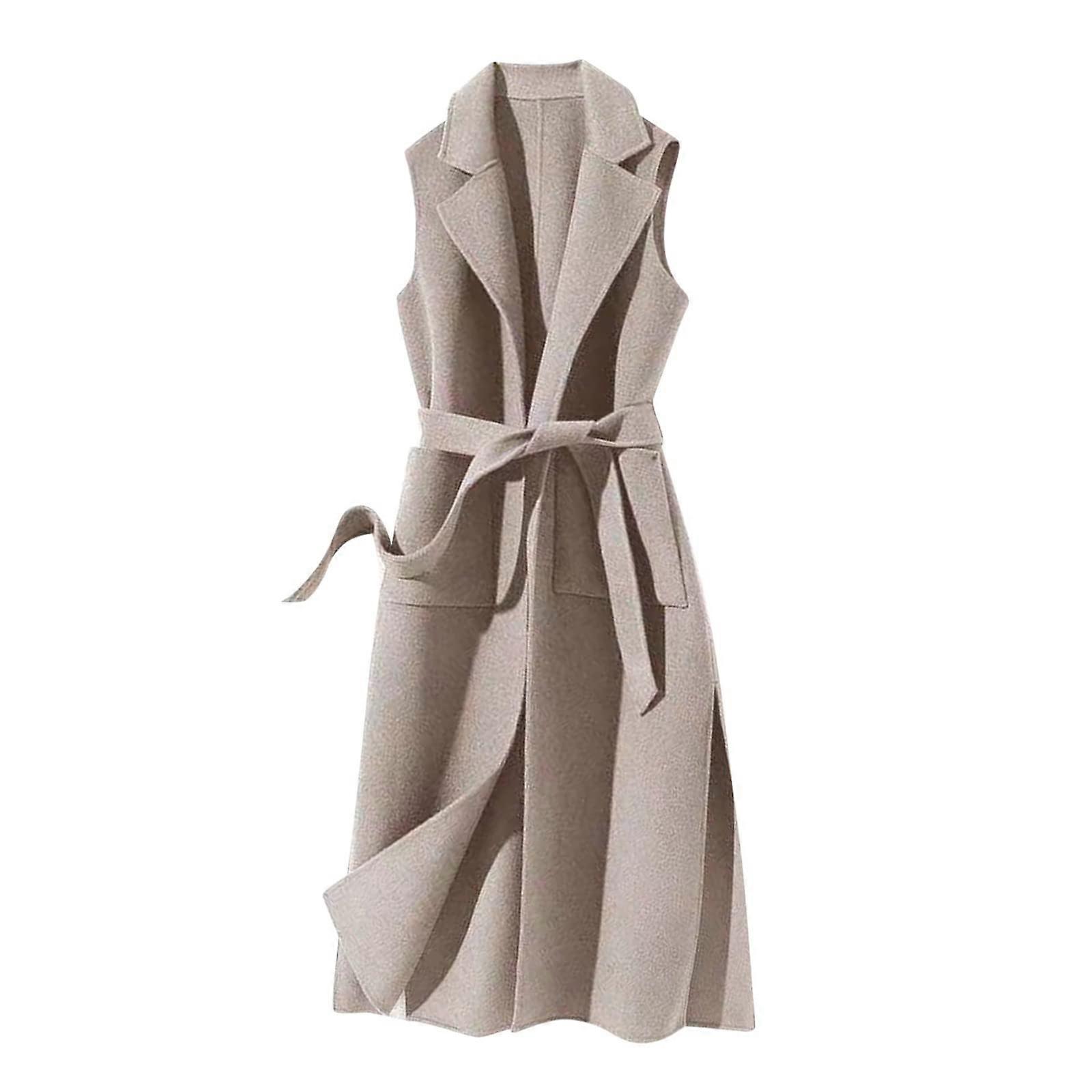 Women's Fleece Vest Long Strap Overcoat Casual Soft Khaki Size S Modern Solid Color Winter Autumn Outfit