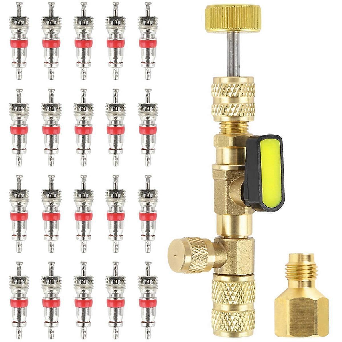 Valve Core Remover Installer Tool with Dual Size SAE 1/4in & 5/16in Port Brass Adapter, HVAC AC Repa