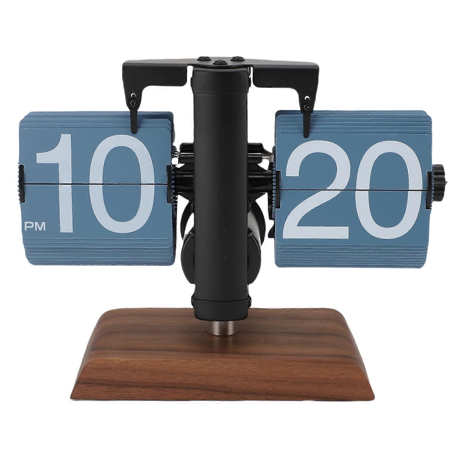 Digital Desk 12 Hours Battery Powered Retro Mechanical Auto Flip Down Clock with Wood Base for Living Room Office