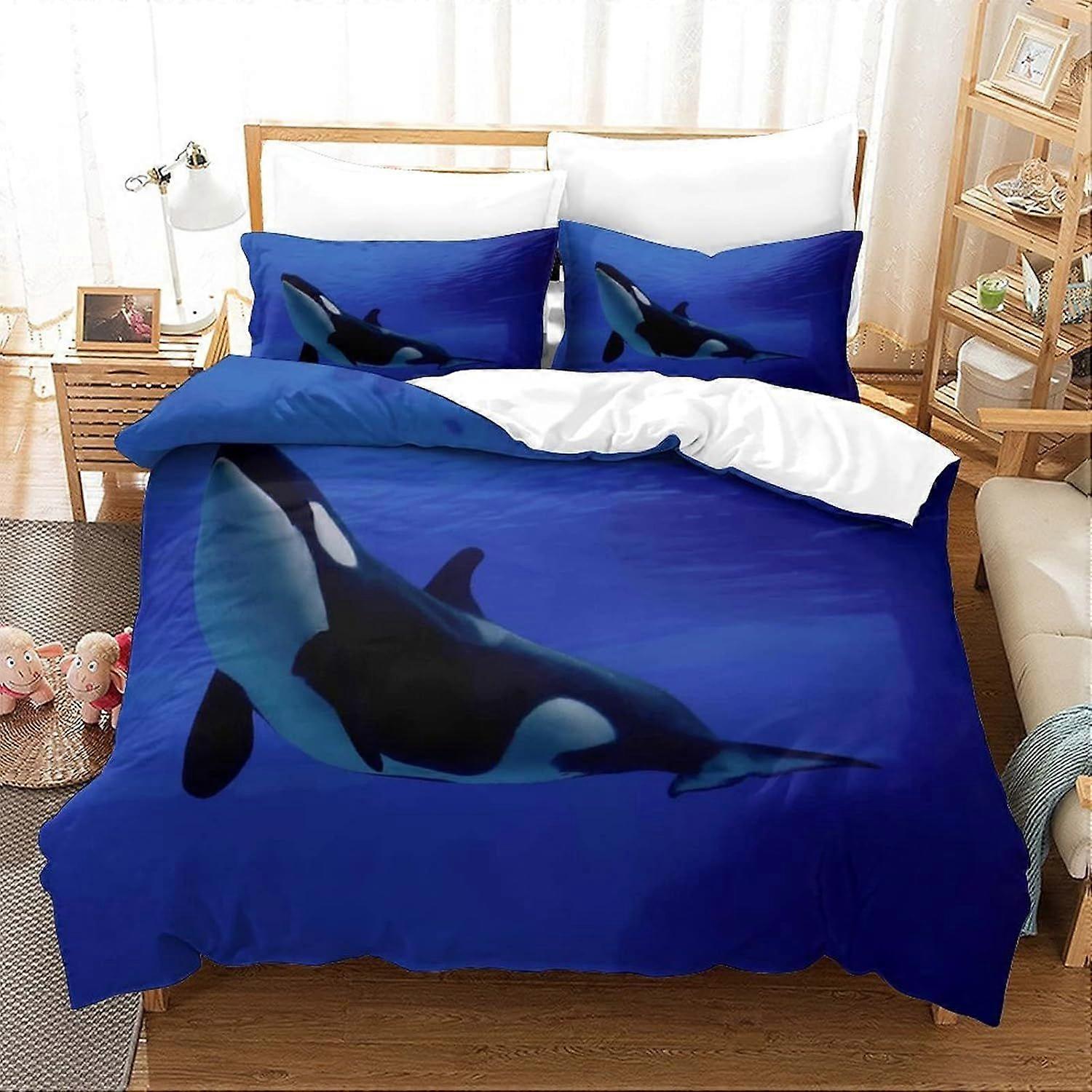Bedding Double Bed Set Whale Printed Double Size Bedding Sets Super Soft Microfiber Duvet Covers with Zipper with Pillowcases Hypoallergenic 140x200cm