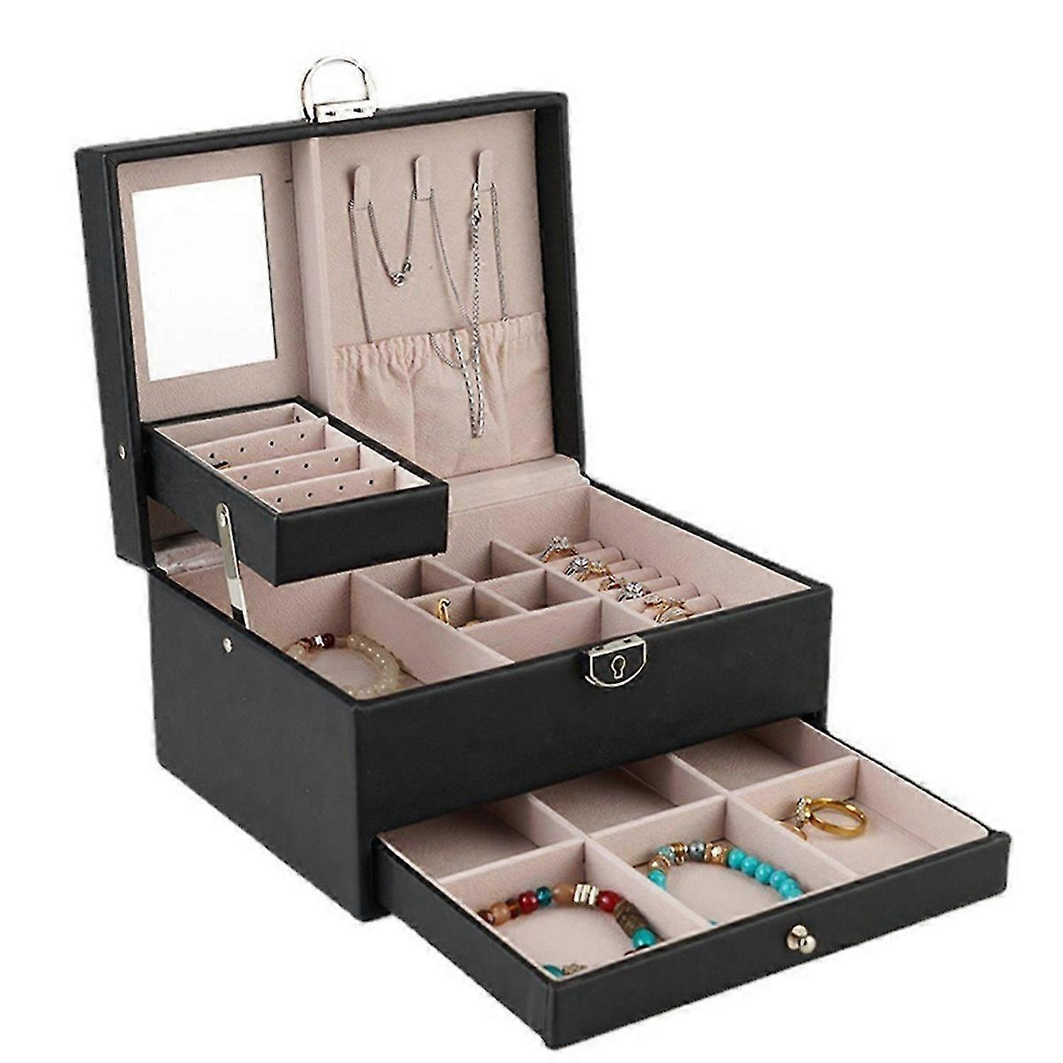 PU Double Drawer Jewelry Box Large Capacity Ring Earrings Storage Box