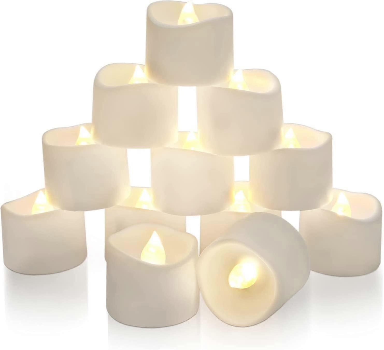 Pack of 12 Flameless Tea Lights with Timer - Battery Operated, Flickering Candles with 6 Hours Built-in Timer