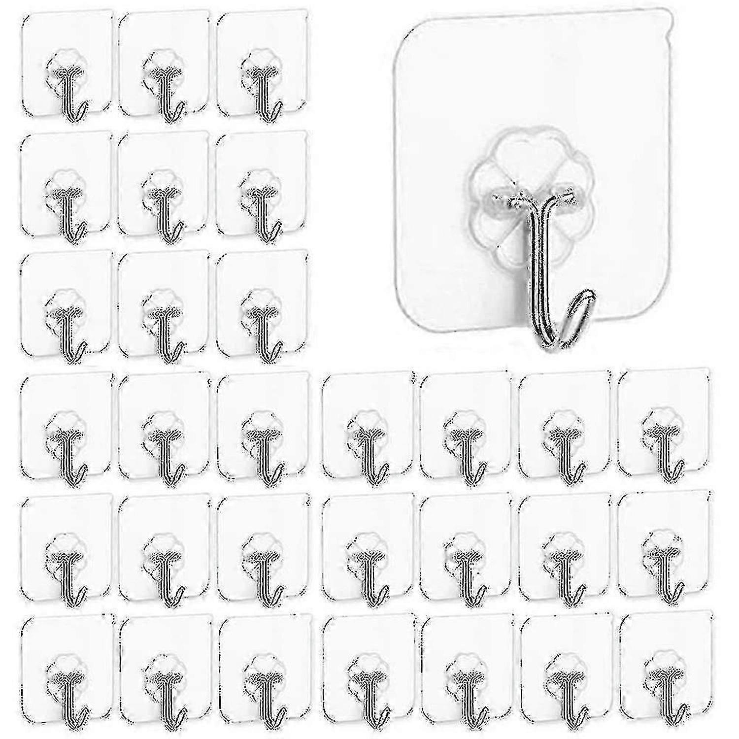 Self Adhesive Hooks, 30 Pack 22lb(max) Reusable Waterproof Anti-skid Traceless Sticky Transparent Hook