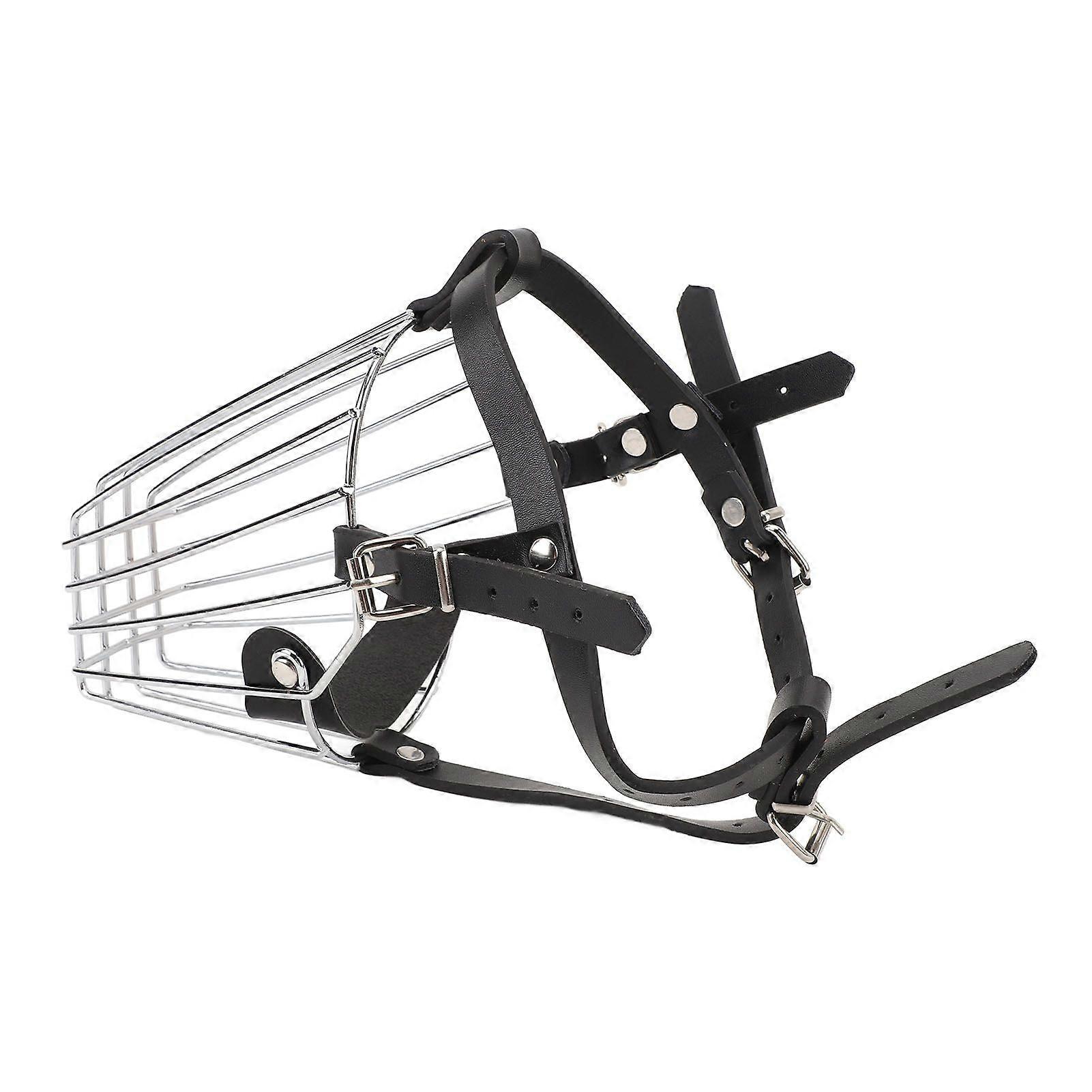 Dog Muzzle Stainless Steel Basket Leather Strap Breathable Prevent Biting Adjustable Muzzle for Medium Large Sized Dog